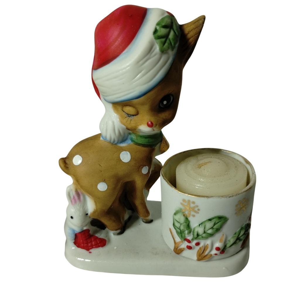 Vintage 1978 Little Reindeer Candle Holder Bisque Porcelain Christmas Decor